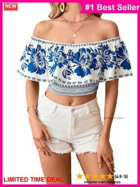 Boho Off Shoulder Floral Crop Top Flounce Sleeve Blouse